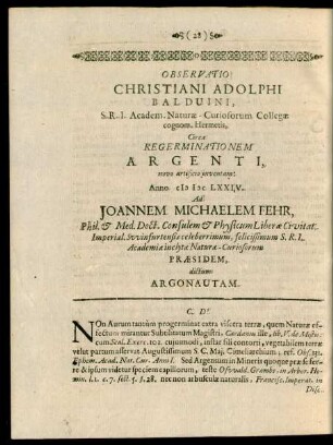 Observatio Christiani Adolphi Balduini, ... Circa Regerminationem Argenti, novo artificio inventam: Anno MDCLXXIV. Ad Joannem Michaelem Fehr ...