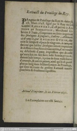 Extraict du Privilege du Roy
