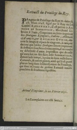 Extraict du Privilege du Roy