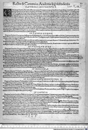 Rector & Camerarius Academiae Ingolstadiensis CANDIDIS LECTORIBUS. S. : Datae Ingolstadii Kalendis Iunii. Anno Salutis M.D.XLVIII.