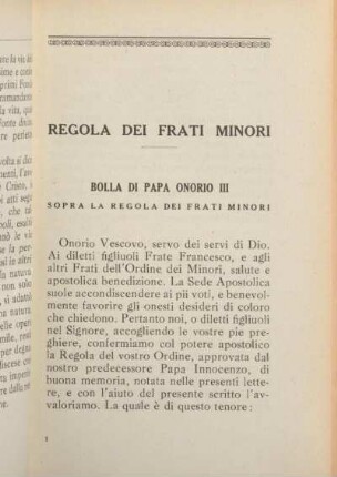Regola dei Frati Minori -Bolla Di Papa Onorio III Sopra La Regola Dei Frati Minori [= 1. Kapitel mit den Seiten 1 - 13, gebunden nach Seite 32]