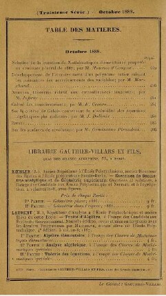 Table des matières. Octobre 1888.