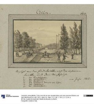 Cölln. Ansicht von der Hundebrükke nach der eisernen Brükke und dem Mehlhause im Jahr 1810.