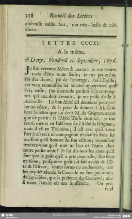 Lettre CCCXI. A la même. A Livry, Vendredi 11. Septembre, 1676