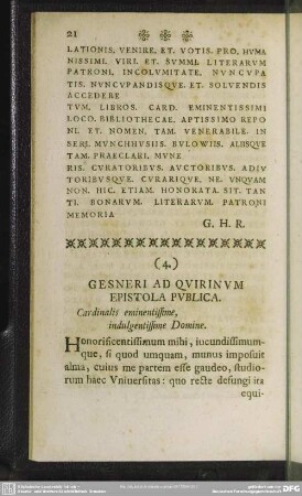 (4.) Gesneri Ad Quirinum Epistola Publica