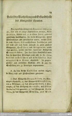 Politische Eintheilung und Bestandtheile des Königreichs Spanien