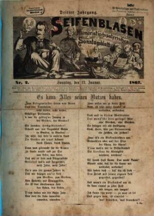 Seifenblasen : humoristisch-satyrisches Sonntagsblatt. 1867 = Jg. 3, Nr. 2 - 50