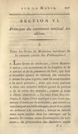 Section VI : Principes du traitement médical des aliénés