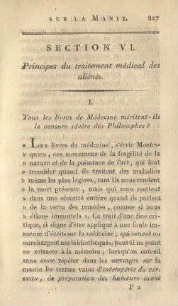 Section VI : Principes du traitement médical des aliénés