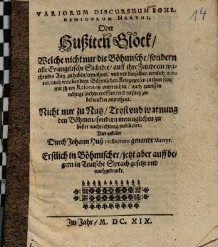 Variorum Discursuum Bohemicorum Nervus : oder Hussiten Glock