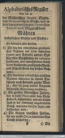 Alphabetisches Register über die in der Müllerschen General-Charte, von Hohmannischen Stiche, und in dem daraus verjüngten Zürnerischen Extracte vom Maggraffthum Mähren befindlichen Städte und Flecken
