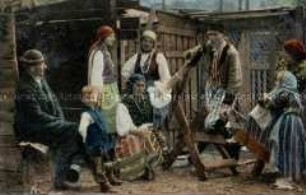 Männer, Frauen und Kinder in russisch-polnischer Volkstracht auf den Bauernhof (zweisprachig)