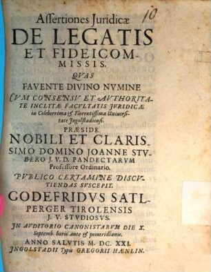 Assertiones Juridicae De Legatis Et Fideicommissis