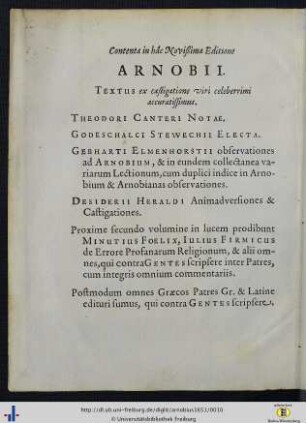 Contenta in hac Novißima Editione Arnobii.