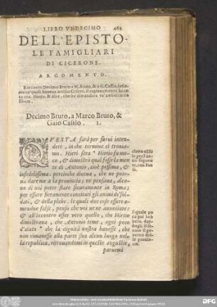 Libro Undecimo Dell' Epistole Famigliari Di Cicerone. [A Bruto, Et Altri.]