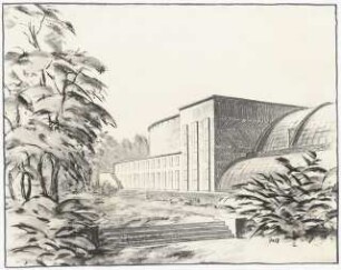 Konzerthaus »Palmengarten«, Frankfurt/Main: Perspektivische Ansicht Konzerthaus, Anschluss Palmenhaus außen