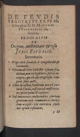 Prooemium de origine, auctoritate & usu Juris Feudalis.