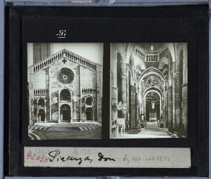 Piacenza, Kathedrale : Fassade (links), Innenraumansicht (rechts)