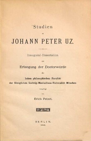 Studien zu Johann Peter Uz