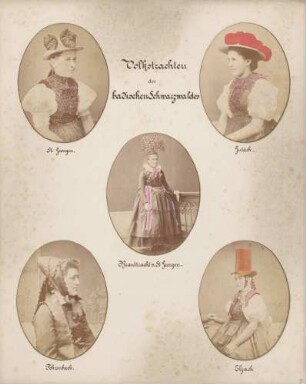 links oben: Volkstracht von St. Georgen lrechts oben: Volkstracht von Gutach Mitte: Brauttracht von St. Georgen links unten: Volkstracht von Fehrenbach rechts unten: Volkstracht von Elzach im badischen Schwarzwald