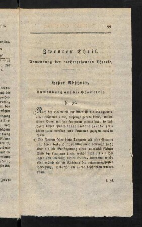 59-105, Zweyter Theil. Anwendung der vorhergehenden Theorie. Erster Abschnitt. Anwendung auf die Geometrie.