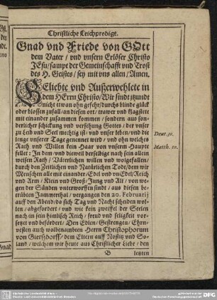Leichenpredigt : Christliche Leichpredigt. [Antritt]. Textus. [Abhandlung]