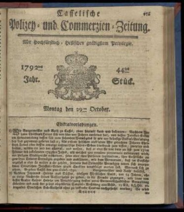 44tes Stueck, Montag den 29ten October. 1792