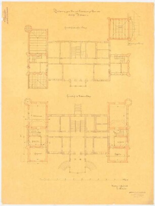 Schloss Kuhnau Umbau und Erweiterung: Grundriss Parterre, 1. Etage, Balkenlage der Türme, Maßstabsleiste (Fuß rhl.)