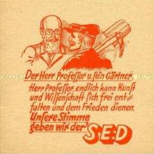 Illustriertes Propagandaflugblatt der SED zu den Gemeindewahlen 1946 mit Ausrichtung auf Künstler und Wissenschaftler