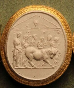 Fünf Personen, einen Stier zur Opferung führend (Daktyliothek, Erstes Mythologisches Tausend)