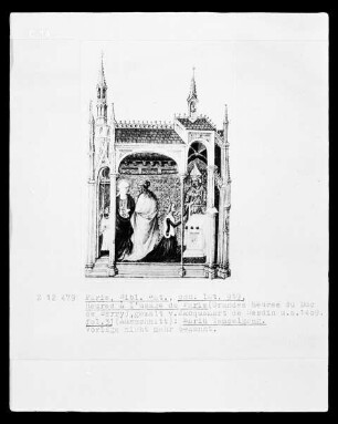 Grandes Heures des Herzogs von Berry — Textseite mit Maria im Tempel, Folio 31 recto — Kleinbild, 8-zeilig: Maria im Tempel, Folio 31 recto