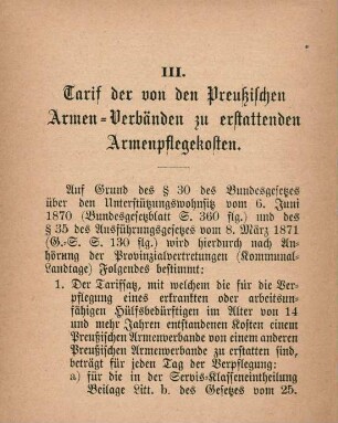 III. Tarif der von den Preußischen Armen-Verbänden zu erstattenden Armenpflegekosten
