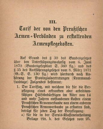 III. Tarif der von den Preußischen Armen-Verbänden zu erstattenden Armenpflegekosten