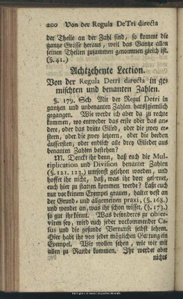 Achtzehente Lection. Von der Regula Detri [De Tri] directa in gemischten und benanten Zahlen