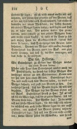 Die 60. Historia. Wie Eulenspiegel zu Erfurt den Metzger wieder um einen Braten betrog