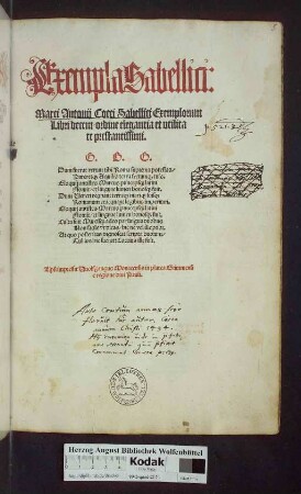 Exempla Sabellica: Marci Antonij Cocci Sabellici Exemplorum Libri decem/ ordine elegantia et vtilitate prestantissimi.