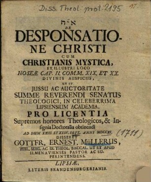 De Desponsatione Christi Cum Christianis Mystica, Ex Illustri Loco Hoseae Cap. II. Comm. XIX. Et XX.
