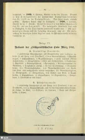 Anlage IX. Bestand der Löschgeräthschaften Ende März 1891