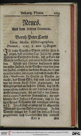 [I. Bernh. Peter Carls […] – X. Johannis Vogt Bibliothecae Histor. Haeresiologicae Tomi II. Fasciculus I.]