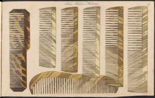 ohne Titel : Musterbuch für Hausrat und Spielzeug; unbekannter Verlag/Händler, wohl 1830er Jahre, evtl. für Leipziger Messe; Das Musterbuch besteht aus insgesamt 314 Seiten (ohne Buchdeckel und deren Innenseiten), davon 146 leere Seiten und leere Rückseiten. Das Buch hat insgesamt 150 Tafeln. Die Nummerierung der Tafeln- bzw. Blätter von 1 bis 149 ist nicht durchgängig: Auf das Blatt 50 ("Aufsteckkämme") folgen erneut Blatt 49 ("Nachtlichter") und 50 ("Zahnbürsten No 2"), gefolgt von Blatt 52 ("Einfache Zahnbürsten"); von da an fortlaufende Zählung. - Doppelung der Darstellung (NICHT der Zählung): Blatt 100 und 101 sind identisch mit leicht abweichender Farbgebung).