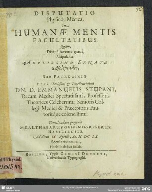 Disputatio Physico-Medica, De Humanae Mentis Facultatibus