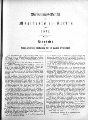 No. XIII. Bericht der Armen-Direction, Abtheilung für die Waisen-Verwaltung