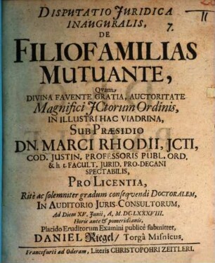 Disp. iur. inaug. de filiofamilias mutuante
