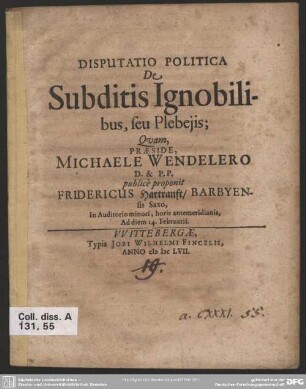 Disputatio politica De subditis Ignobilibus, seu Plebejis