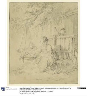 Mutter vor dem Haus mit zwei Kindern und einer Schaukel (Le Berceau)