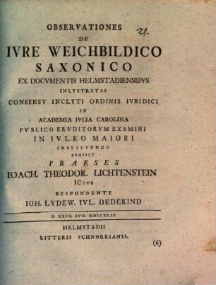 Observationes de iure weichbildico Saxonico, ex monumentis Helmstadiensibus illustratae