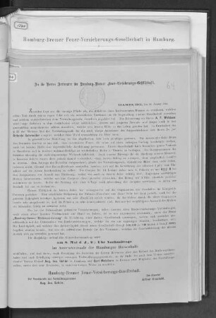 An die Herren Actionaire der Hamburg-Bremer Feuer-Versicherungs-Gesellschaft.