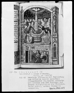 Lateinisches Stundenbuch (Livre d'heures) — Bildseite mit zwei Miniaturen und Textanfang, Folio 62recto