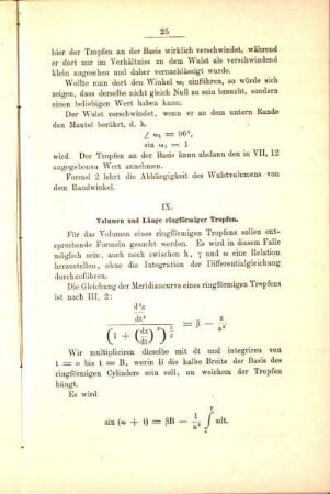 IX. Volumen und Länge ringförmiger Tropfen.