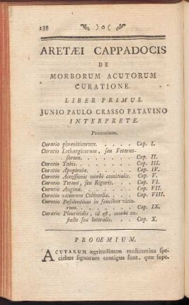 Aretaei Cappadocis De Morborum Auctorum Curatione Liber Primus